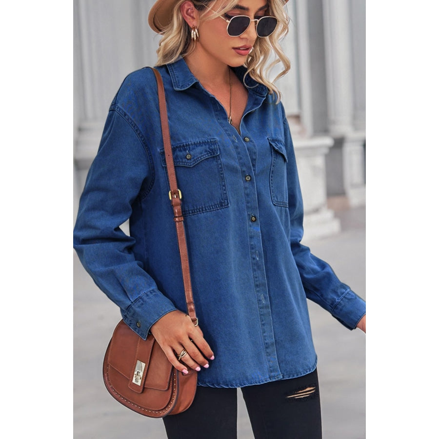 Collared Neck Dropped Shoulder Denim Top