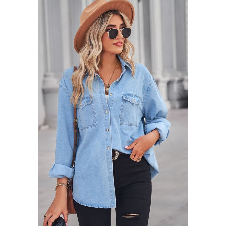 Collared Neck Dropped Shoulder Denim Top