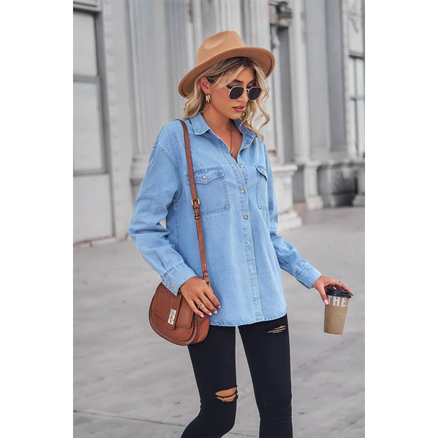 Collared Neck Dropped Shoulder Denim Top