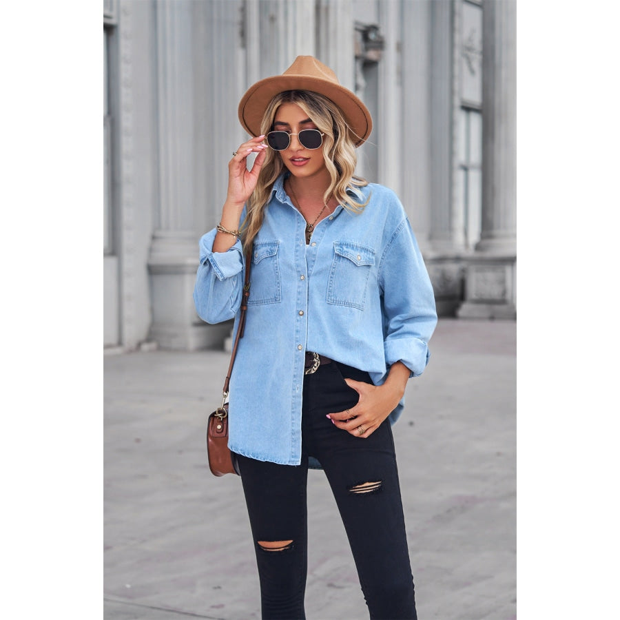 Collared Neck Dropped Shoulder Denim Top