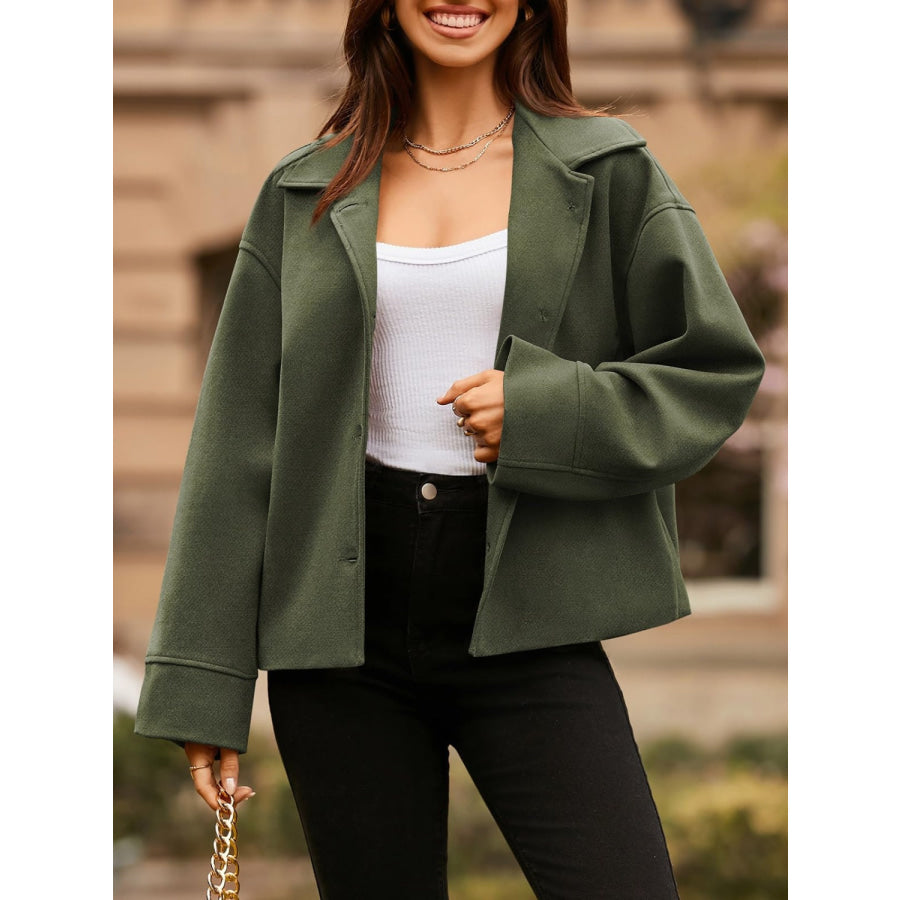 Collared Neck Dropped Shoulder Jacket Army Green / S Apparel and Accessories