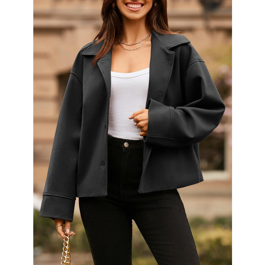 Collared Neck Dropped Shoulder Jacket Black / S Apparel and Accessories