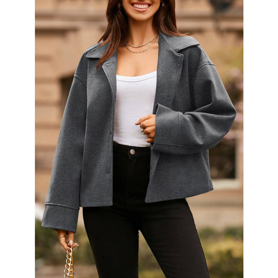 Collared Neck Dropped Shoulder Jacket Dark Gray / S Apparel and Accessories