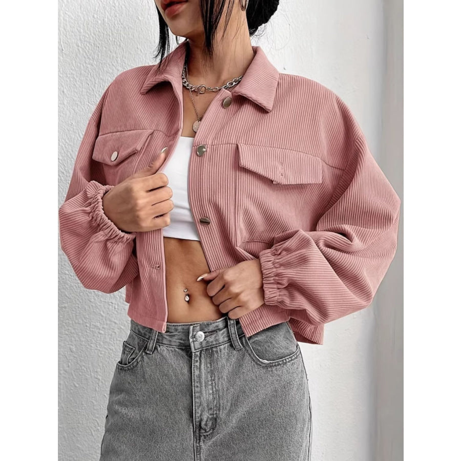 Collared Neck Dropped Shoulder Jacket Pale Blush / S Apparel and Accessories