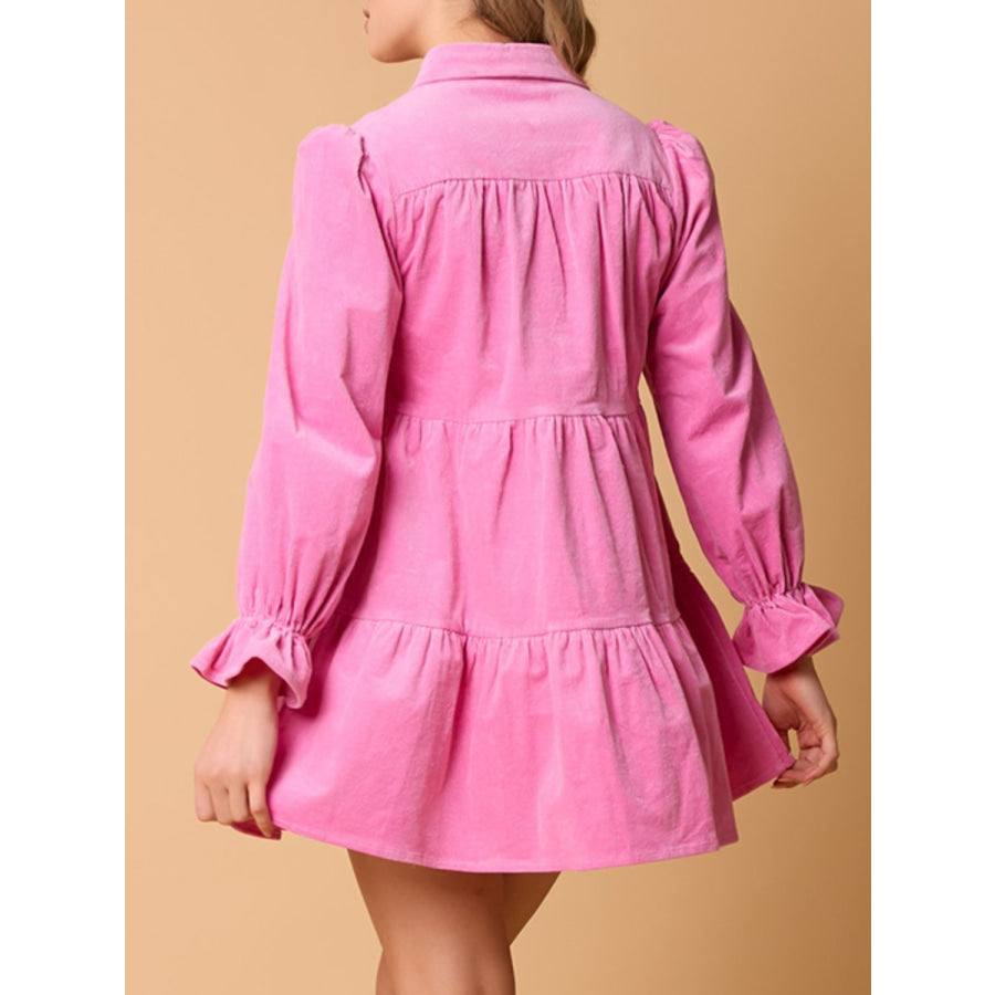 Collared Neck Flounce Sleeve Mini Dress Apparel and Accessories