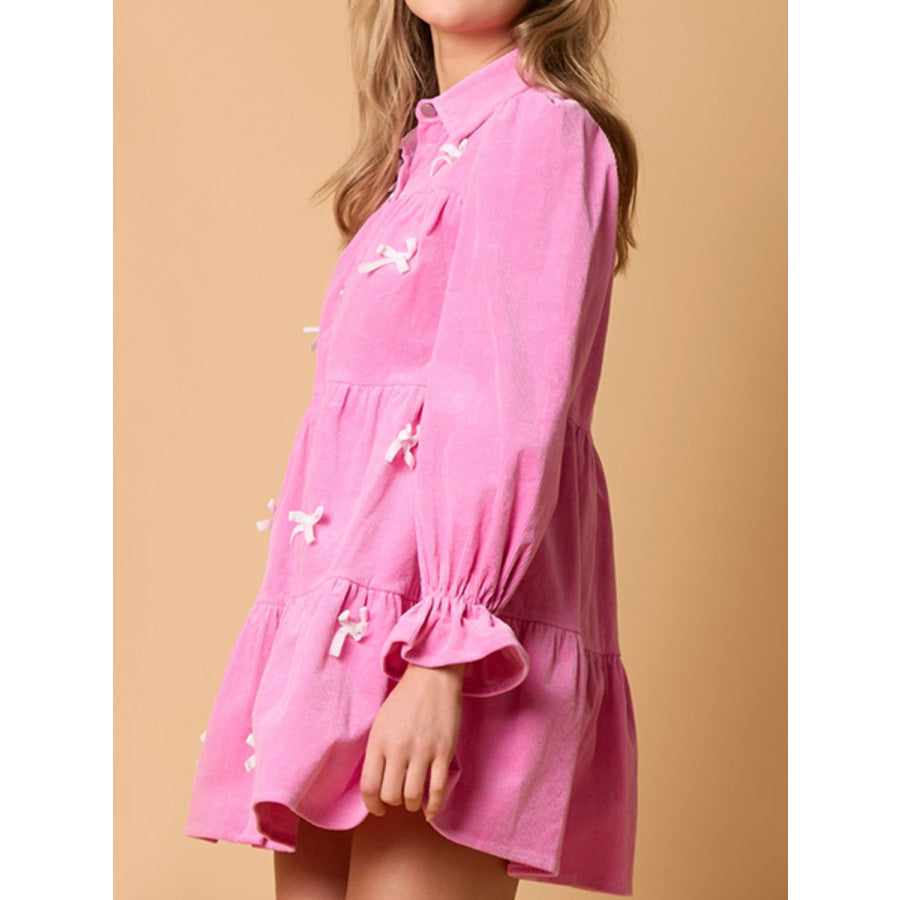 Collared Neck Flounce Sleeve Mini Dress Hot Pink / S Apparel and Accessories