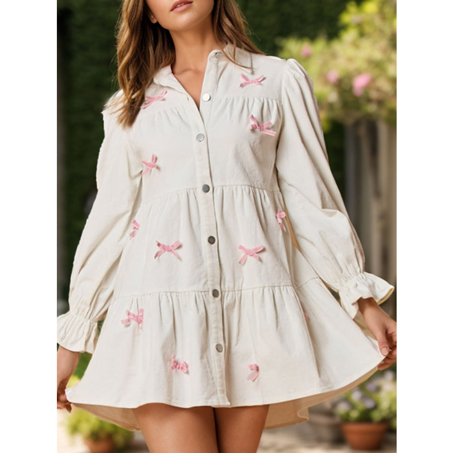 Collared Neck Flounce Sleeve Mini Dress White / S Apparel and Accessories