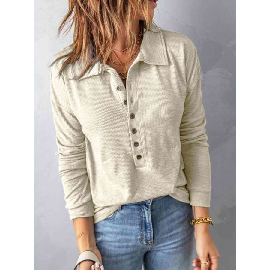 Collared Neck Half Button Top Beige / S