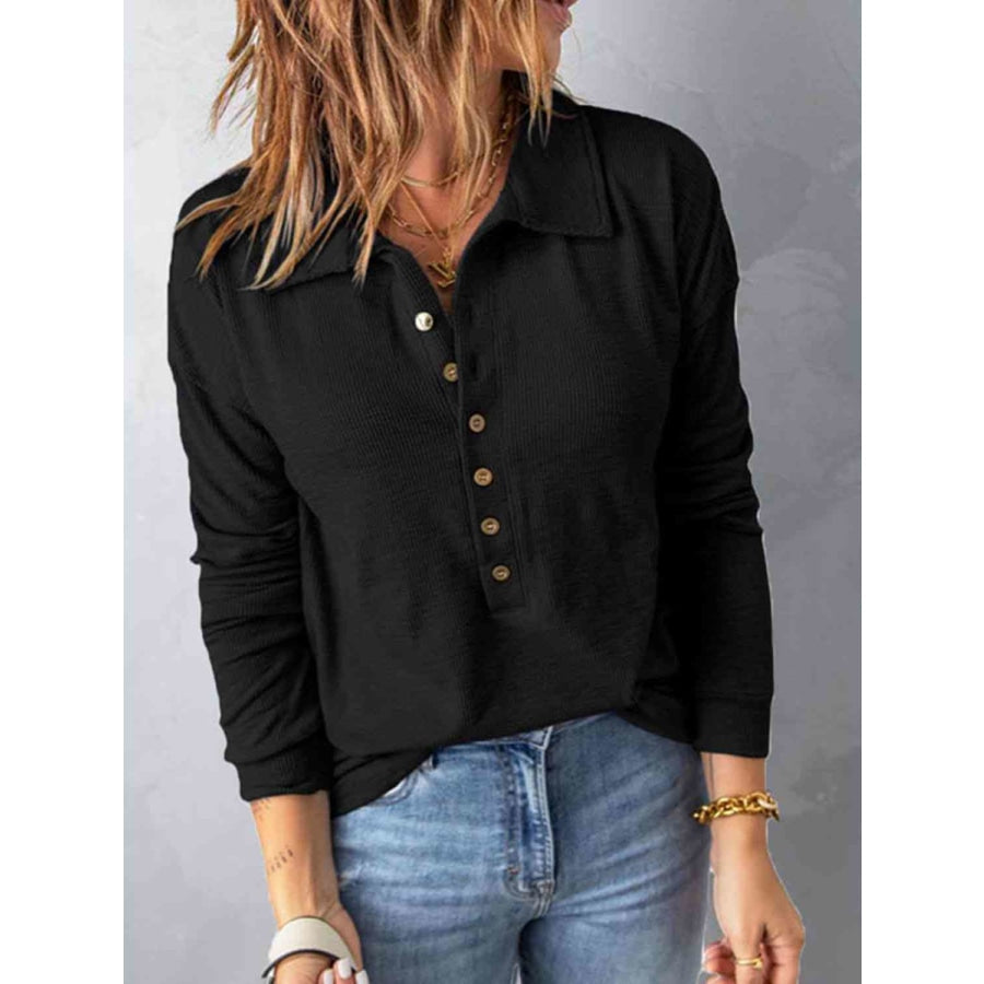 Collared Neck Half Button Top Black / S