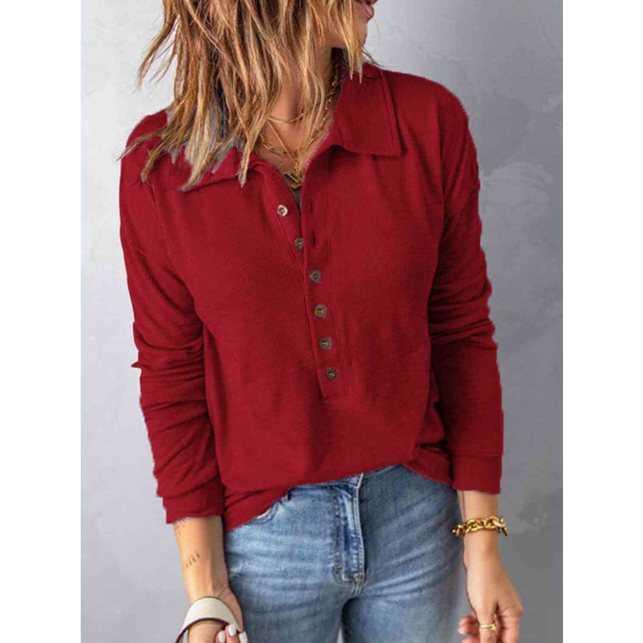 Collared Neck Half Button Top Deep Red / S