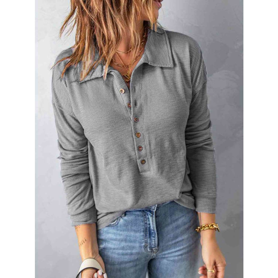 Collared Neck Half Button Top Heather Gray / S