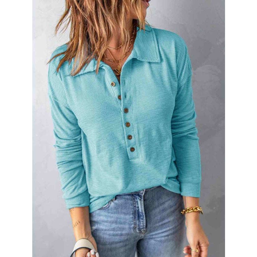 Collared Neck Half Button Top Pastel Blue / S