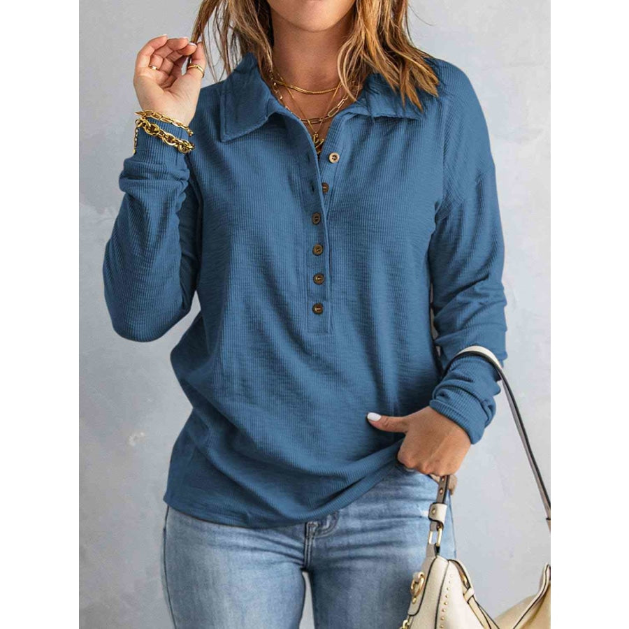 Collared Neck Half Button Top Peacock Blue / S