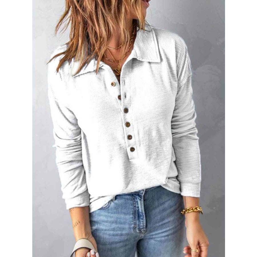 Collared Neck Half Button Top White / S