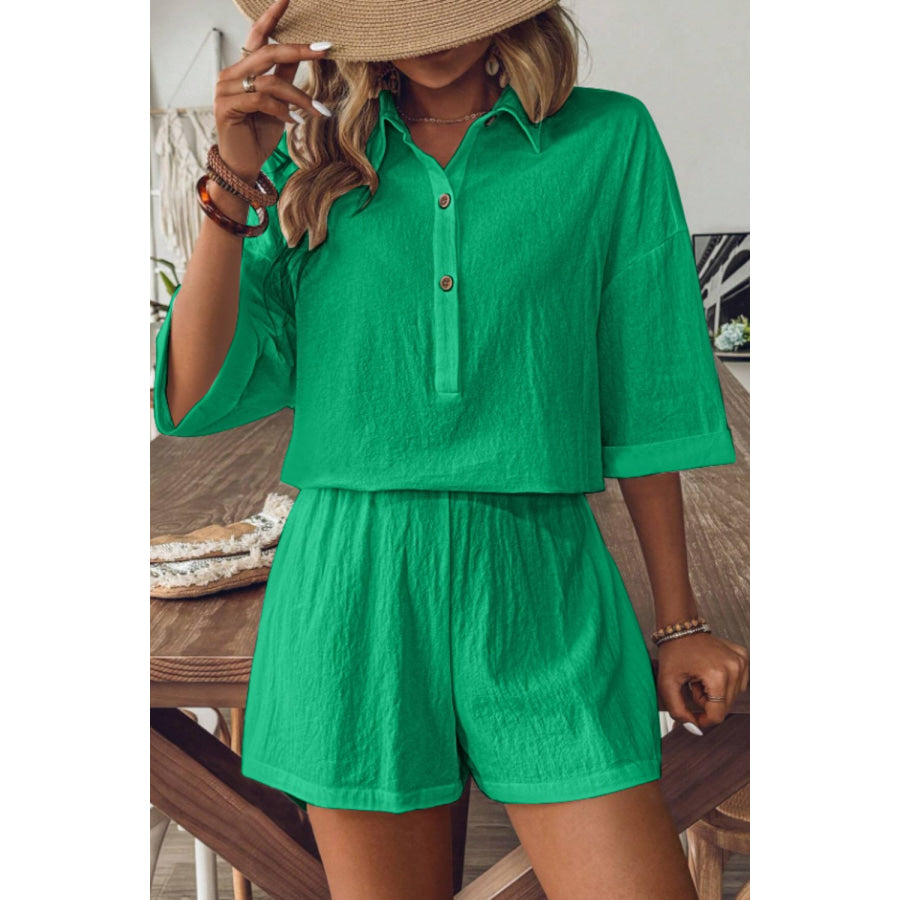 Collared Neck Half Sleeve Top and Shorts Set Apparel and Accessories