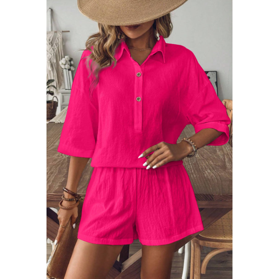 Collared Neck Half Sleeve Top and Shorts Set Apparel and Accessories