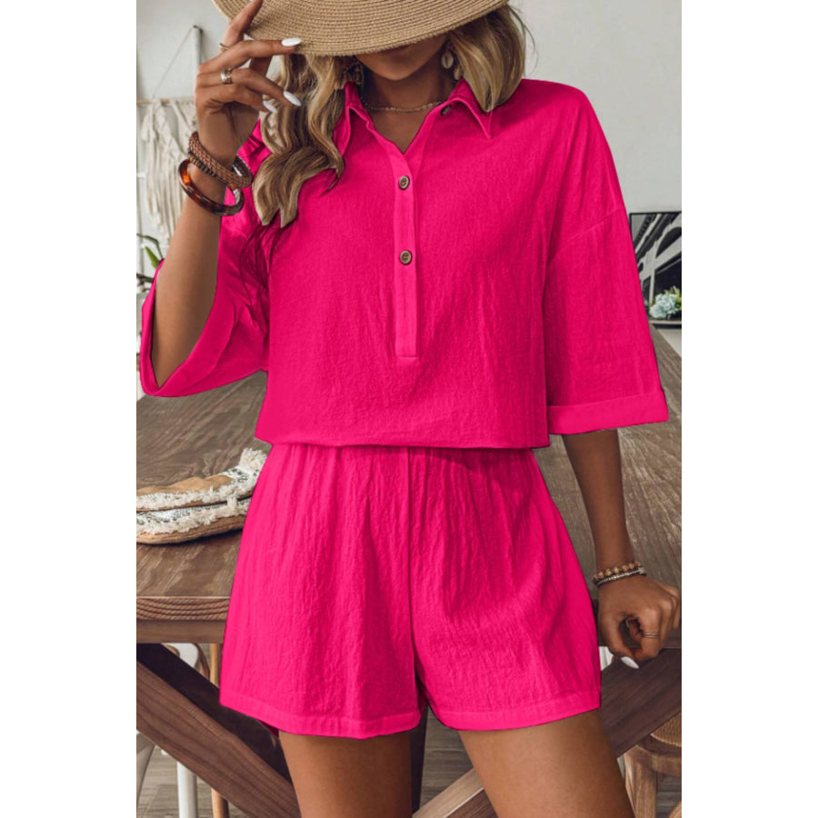 Collared Neck Half Sleeve Top and Shorts Set Apparel and Accessories