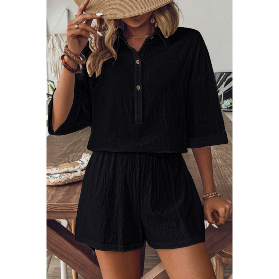 Collared Neck Half Sleeve Top and Shorts Set Black / S Apparel and Accessories