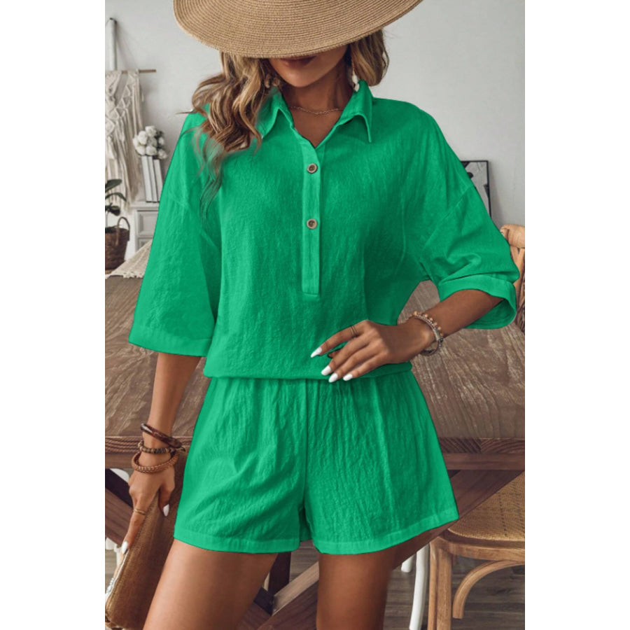 Collared Neck Half Sleeve Top and Shorts Set Green / S Apparel and Accessories