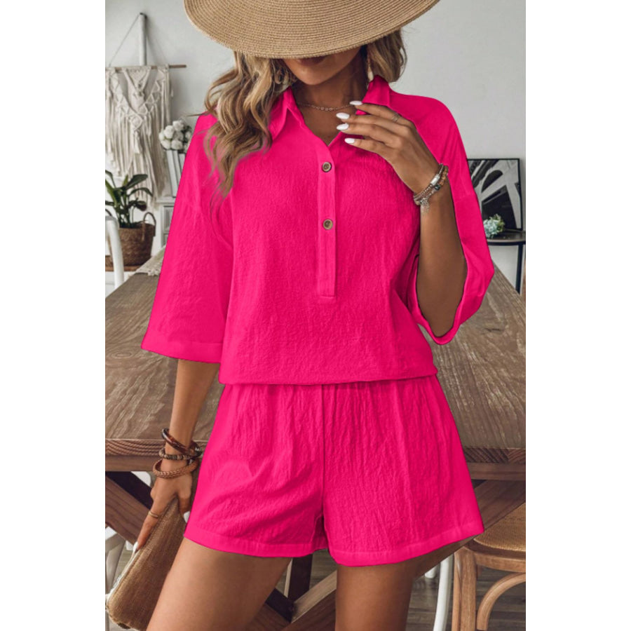 Collared Neck Half Sleeve Top and Shorts Set Hot Pink / S Apparel and Accessories