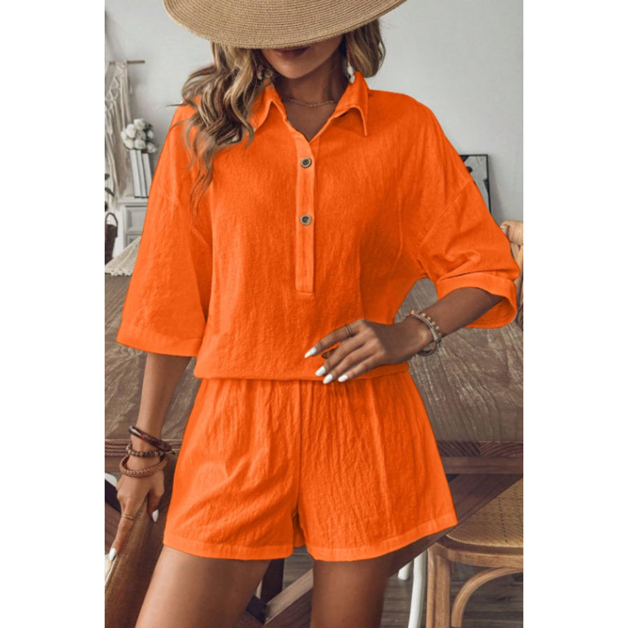 Collared Neck Half Sleeve Top and Shorts Set Orange / S Apparel and Accessories