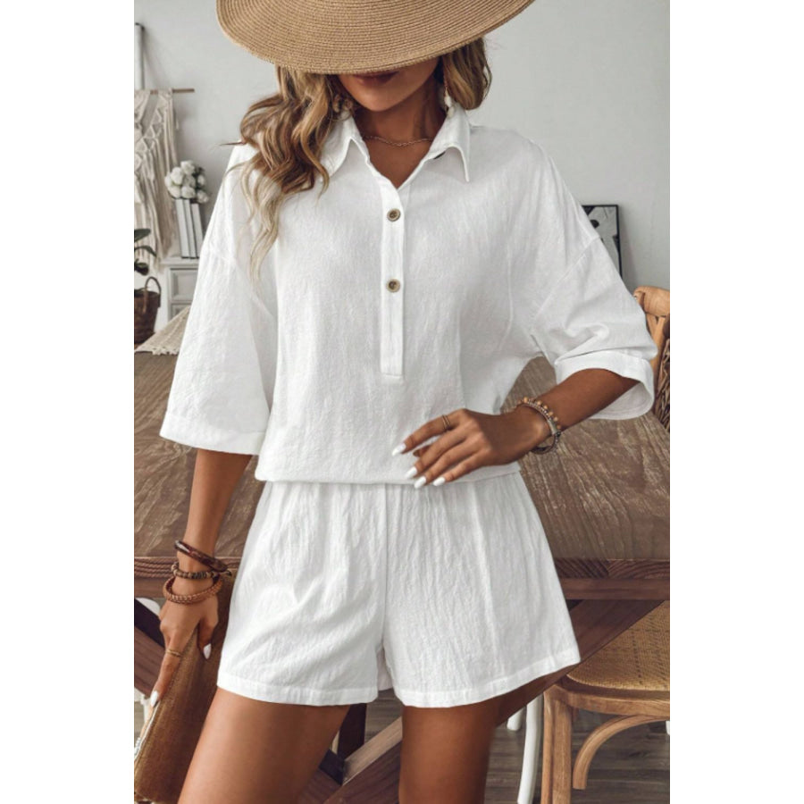 Collared Neck Half Sleeve Top and Shorts Set White / S Apparel and Accessories