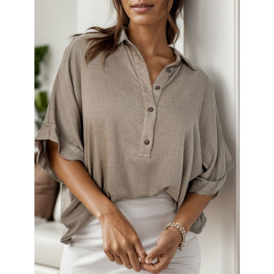 Collared Neck Half Sleeve Top Mocha / S Apparel and Accessories