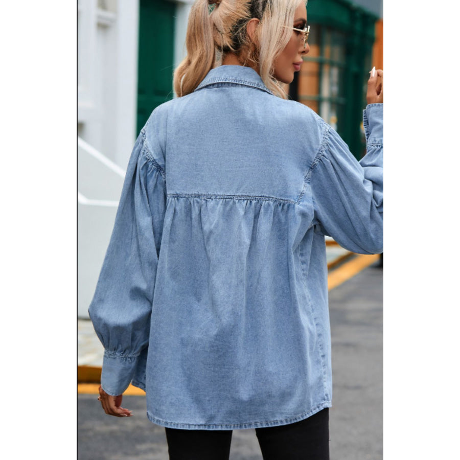 Collared Neck Lantern Sleeve Denim Top Apparel and Accessories