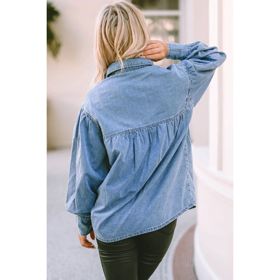 Collared Neck Lantern Sleeve Denim Top Apparel and Accessories