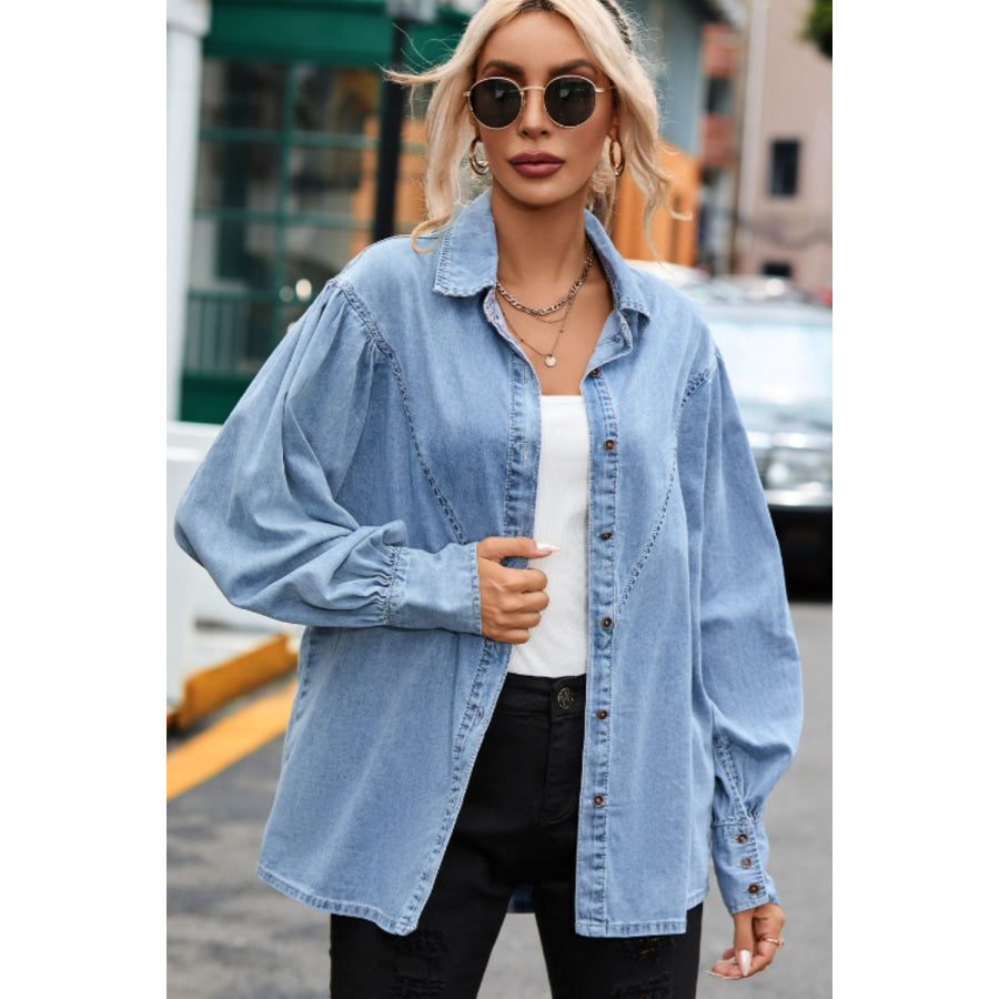 Collared Neck Lantern Sleeve Denim Top Apparel and Accessories