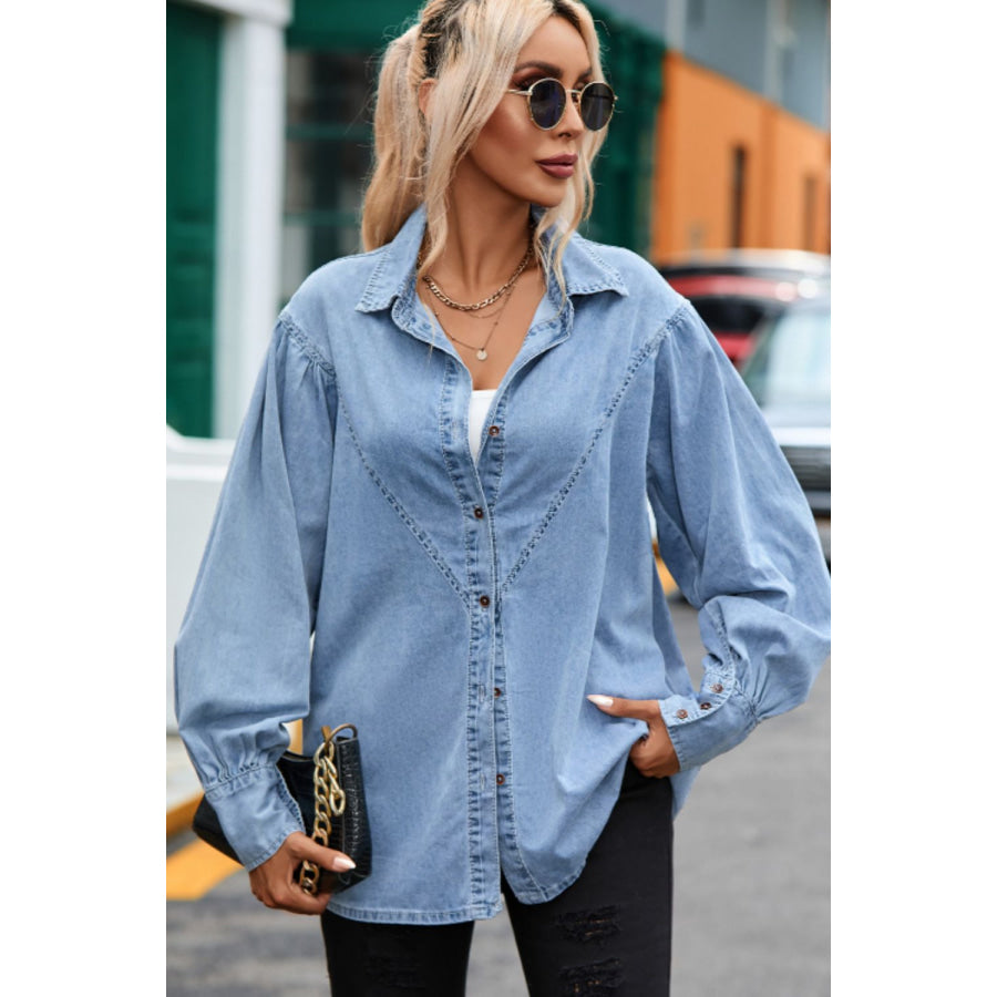 Collared Neck Lantern Sleeve Denim Top Apparel and Accessories