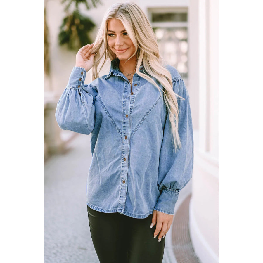 Collared Neck Lantern Sleeve Denim Top Apparel and Accessories