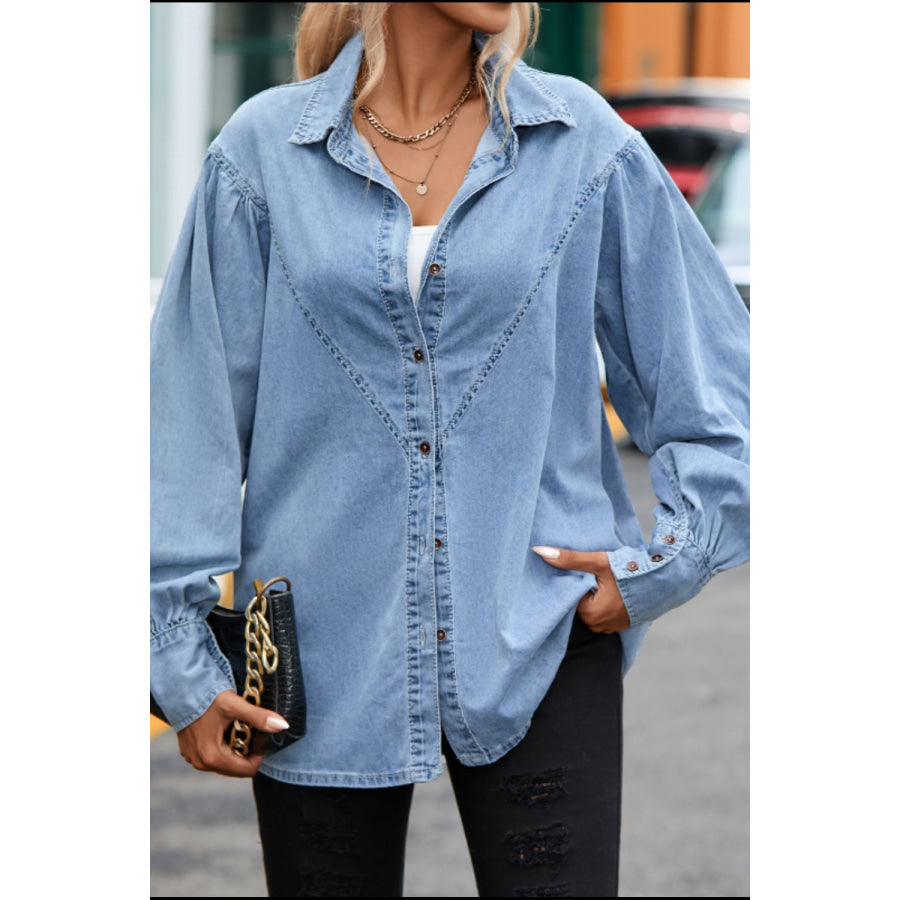 Collared Neck Lantern Sleeve Denim Top Sky Blue / S Apparel and Accessories