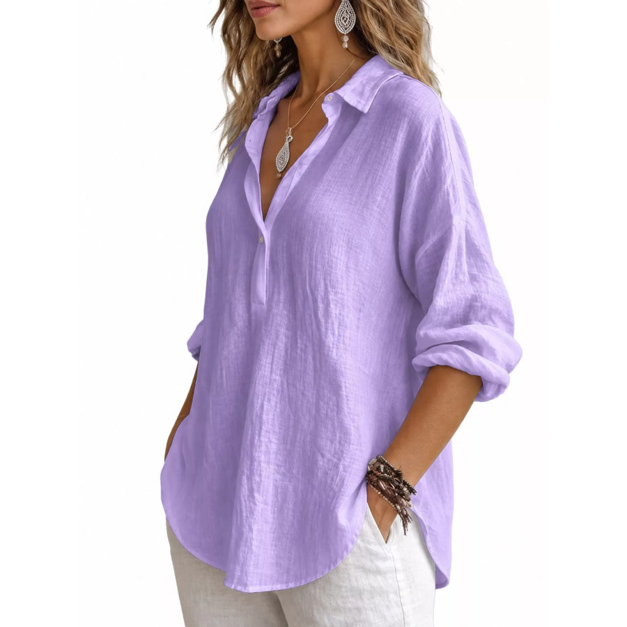 Collared Neck Long Sleeve Blouse Apparel and Accessories