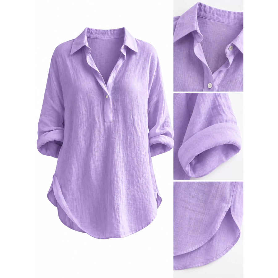 Collared Neck Long Sleeve Blouse Apparel and Accessories
