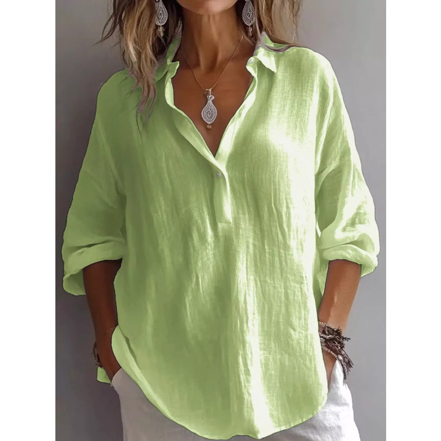 Collared Neck Long Sleeve Blouse Green / S Apparel and Accessories