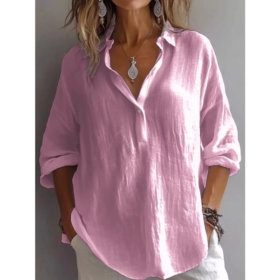 Collared Neck Long Sleeve Blouse Pink / S Apparel and Accessories