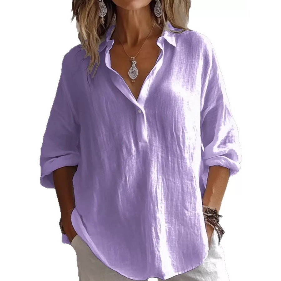 Collared Neck Long Sleeve Blouse Purple / S Apparel and Accessories