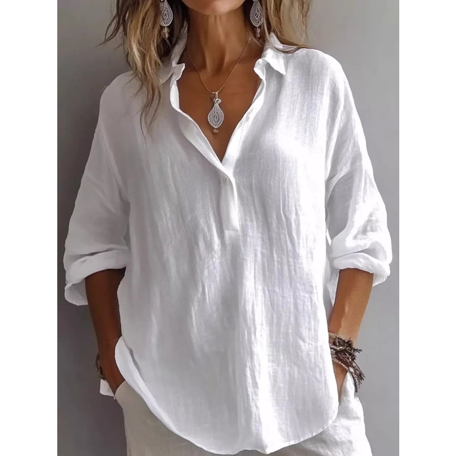 Collared Neck Long Sleeve Blouse White / S Apparel and Accessories