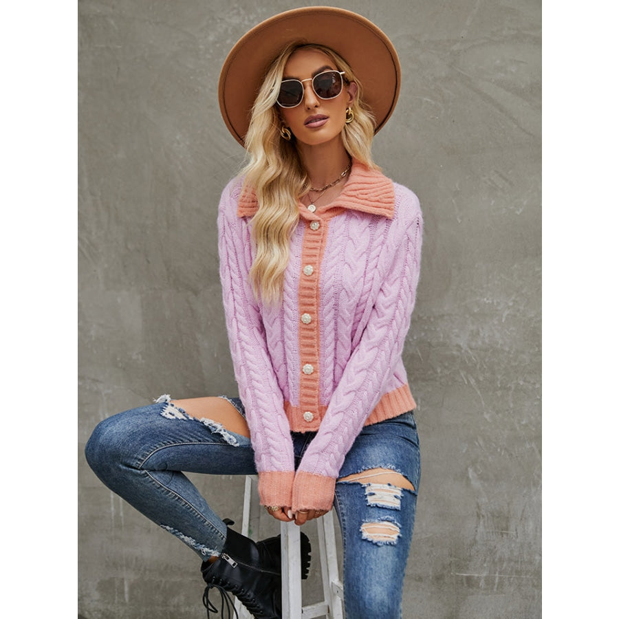 Collared Neck Long Sleeve Cardigan Lilac / S