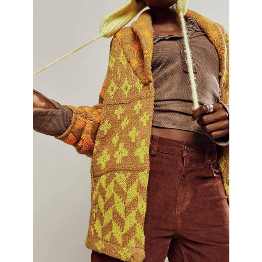 Collared Neck Long Sleeve Cardigan Yellow / One Size Apparel and Accessories