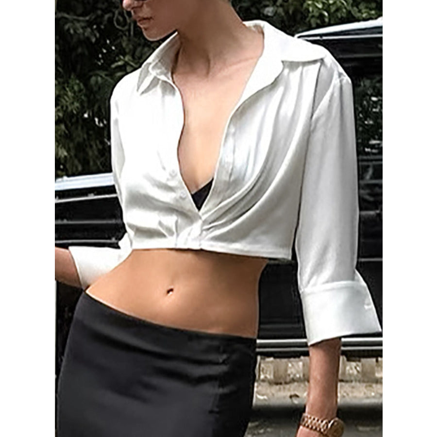 Collared Neck Long Sleeve Cropped Shirt Apparel and Accessories