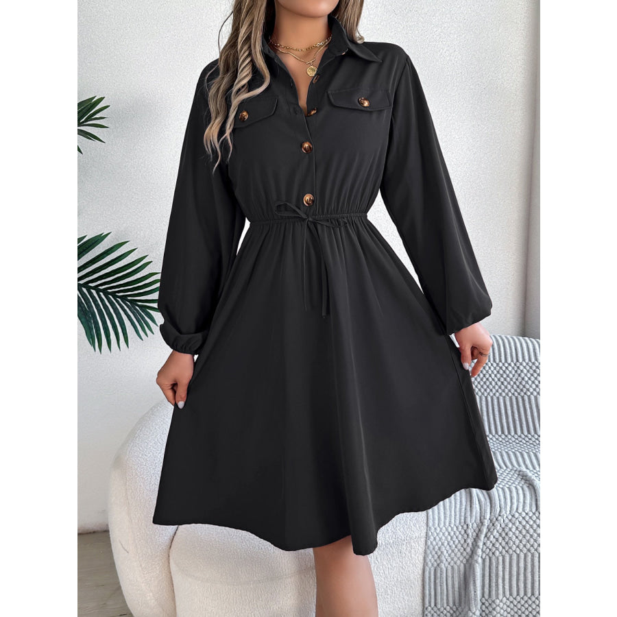 Collared Neck Long Sleeve Dress with Pockets Apparel and Accessories