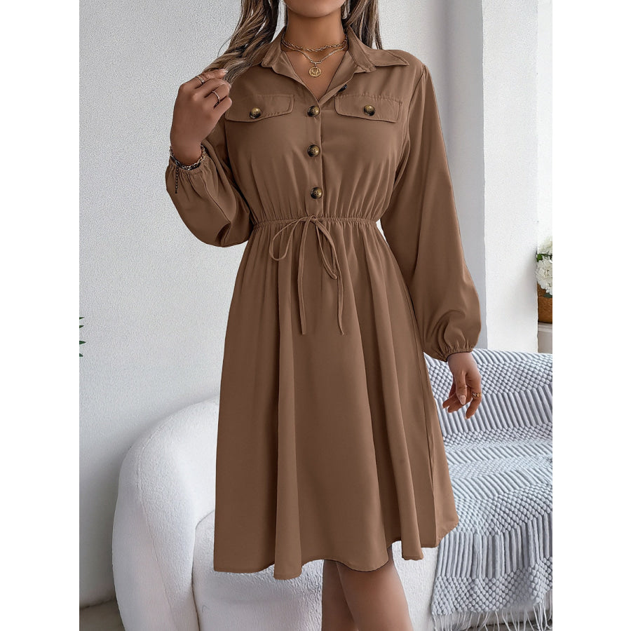 Collared Neck Long Sleeve Dress with Pockets Apparel and Accessories