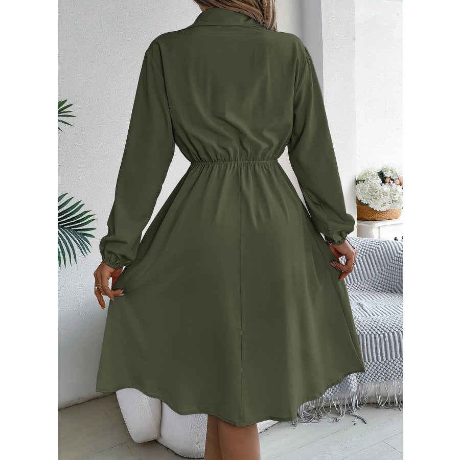 Collared Neck Long Sleeve Dress with Pockets Apparel and Accessories