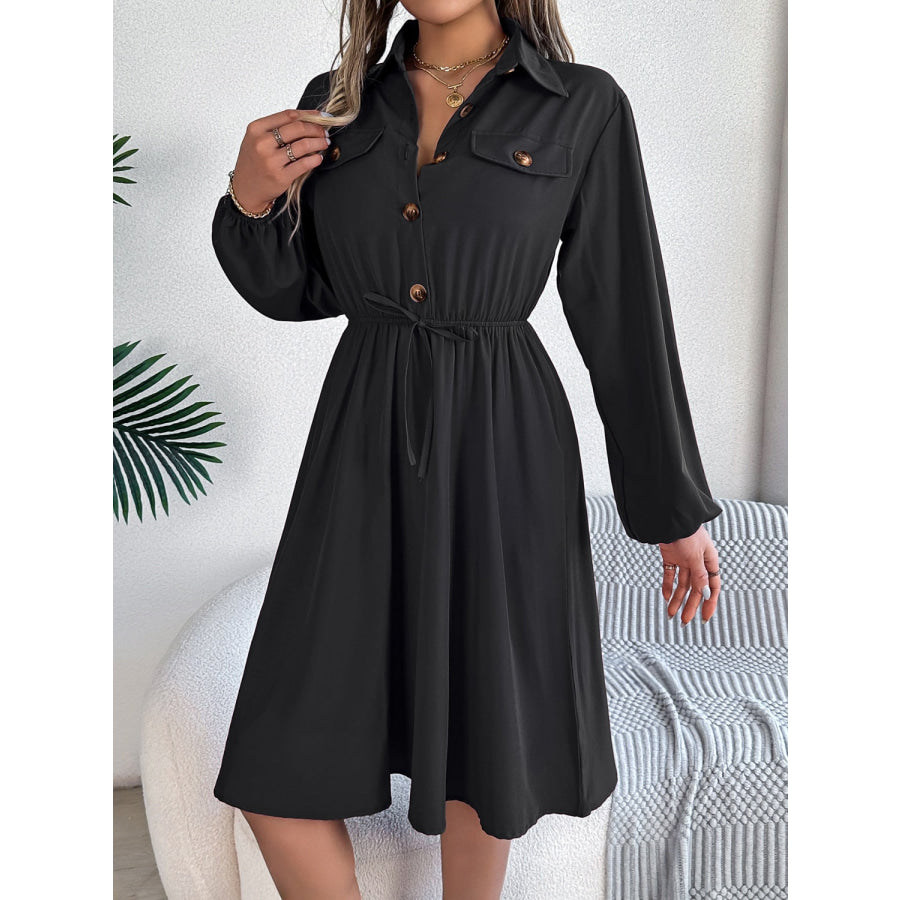 Collared Neck Long Sleeve Dress with Pockets Apparel and Accessories