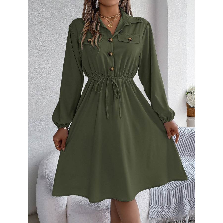 Collared Neck Long Sleeve Dress with Pockets Apparel and Accessories