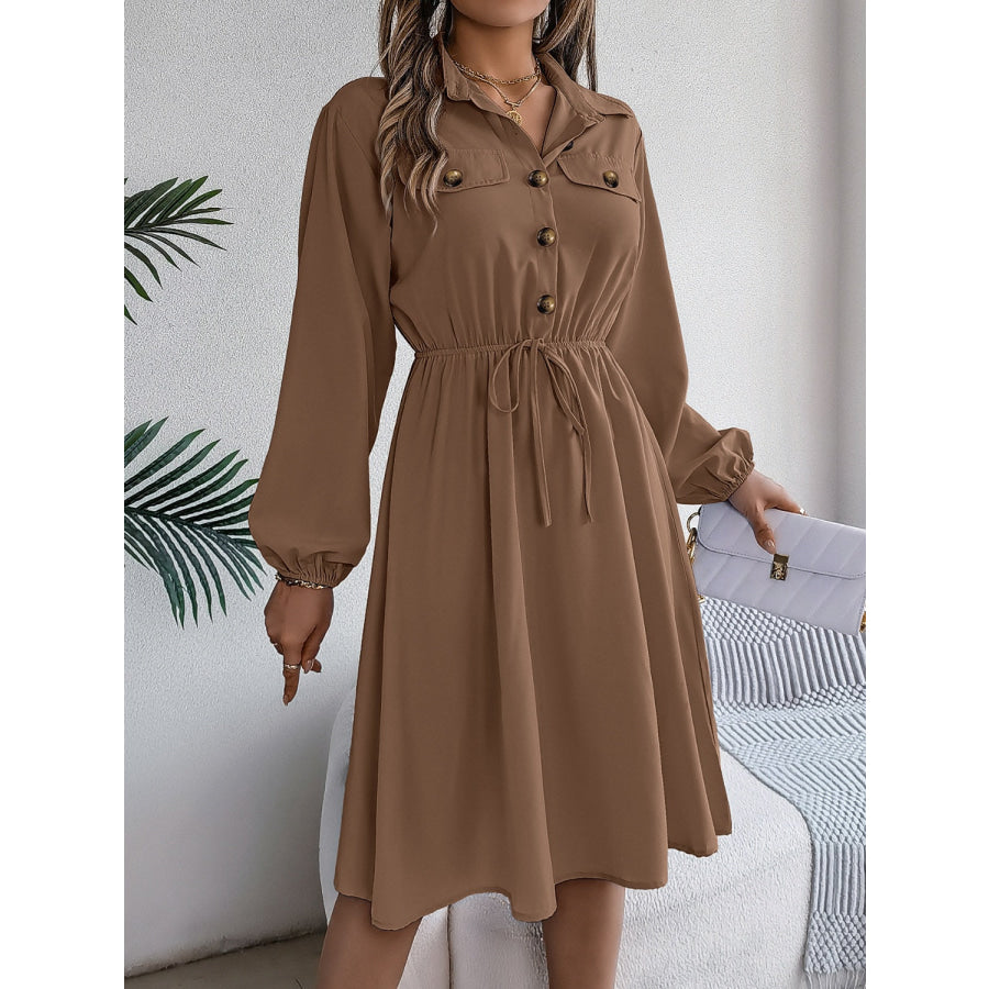 Collared Neck Long Sleeve Dress with Pockets Apparel and Accessories