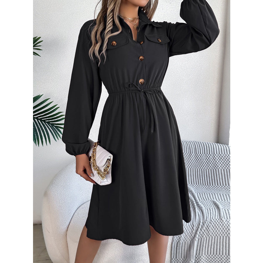 Collared Neck Long Sleeve Dress with Pockets Apparel and Accessories