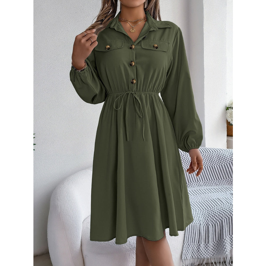 Collared Neck Long Sleeve Dress with Pockets Apparel and Accessories